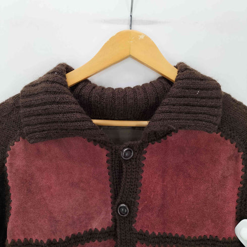 スエード切替 ボタン ニット カーディガン 袖ケーブル編み メンズ